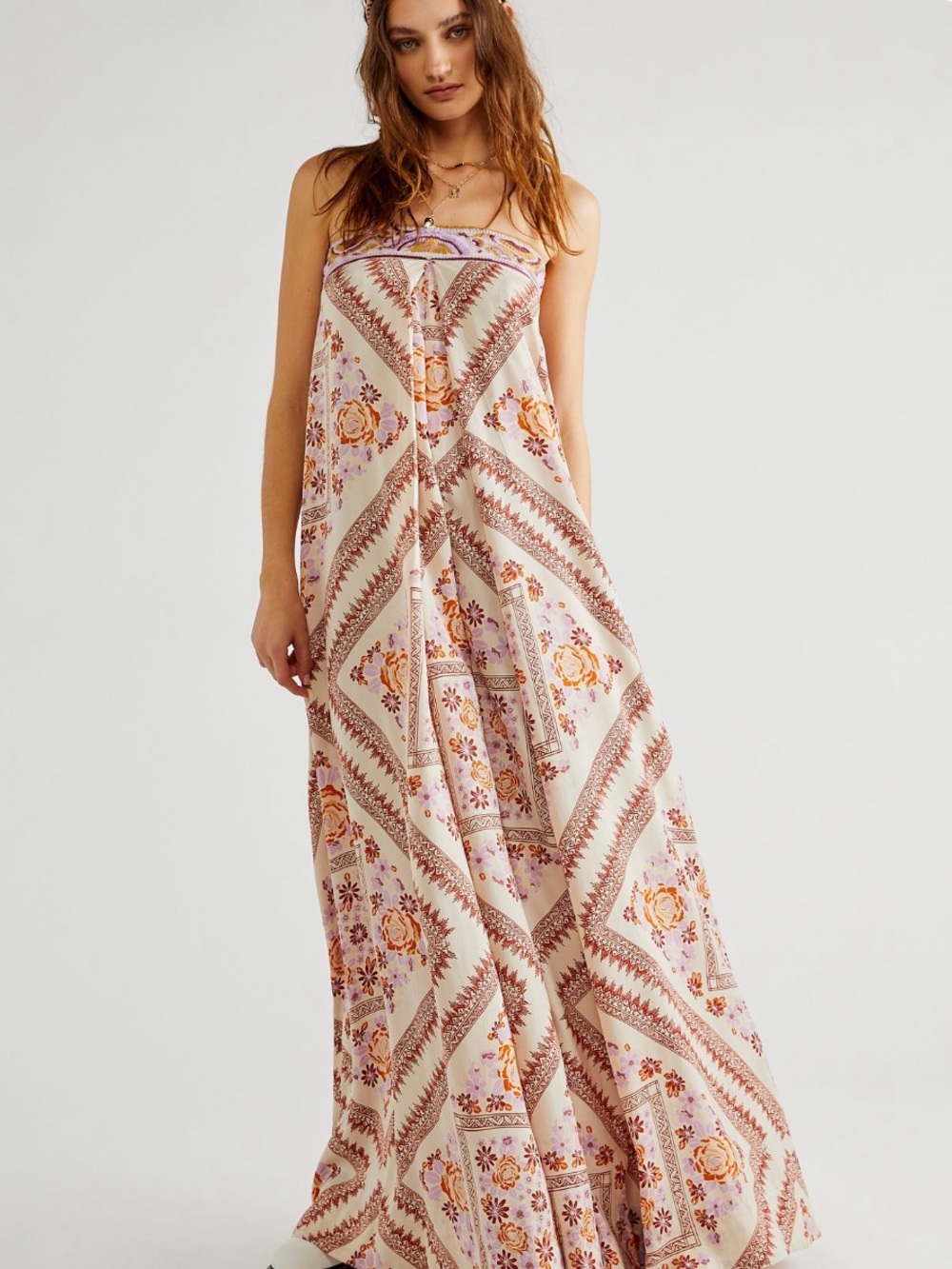 Free People Brown Wide-Leg Floral Print Pants with Green and Blue Accents